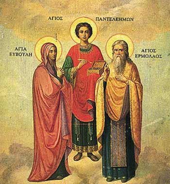 St Pantaleon, with (left) his mother St. Eubula, and (right) St. Hermolaus