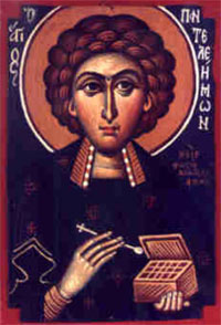 Icons of St. Panteleimon showing him holding a medicine box.