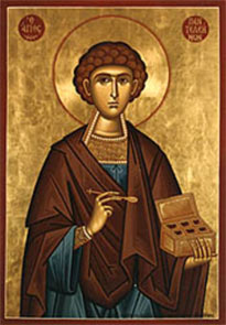 Icons of St. Panteleimon showing him holding a medicine box.
