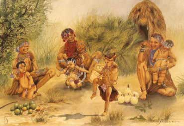 Painting of San Tribe members, with collected food, by Charlotte King