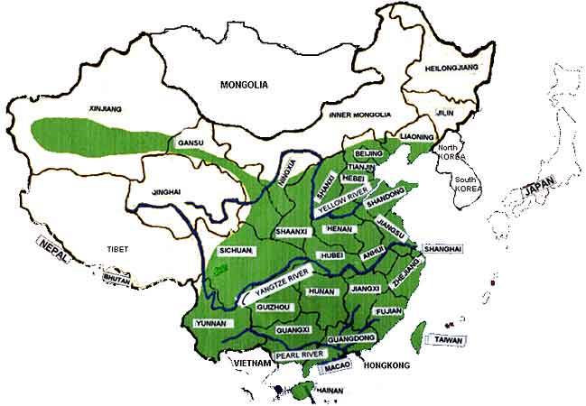 Mulberry cultivation areas in China