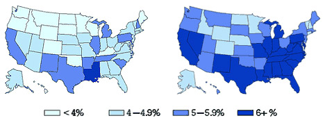 CDC data on prevalence of diabetes across the United States in 1994 (left) and in 2000 (right)